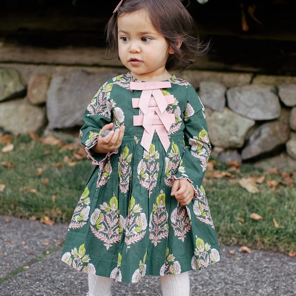 Pink Chicken Other - Pink Chicken 3 Year Hermione Hunter Green Floral Bow Dress Toddler Girls 3T